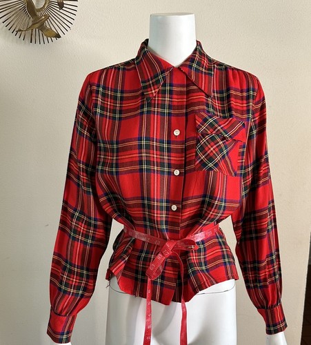 1940s Loop Collar Red Plaid Women’s Shirt Top Flap Pocket Holiday Blouse S VTG - Picture 3 of 24