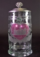 antica brocca in vetro brocca in vetro decoro taglio/incisione - coperchio in peltro FUGA IN EGITTO