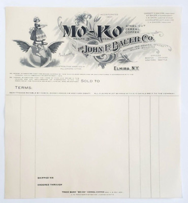 1900's Blank Invoice Form, John F. Bauer Co., Elmira, NY, Mo-Ko Cereal/Coffee