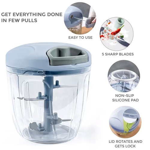 Pull Cord Pulling Food Chopper Manual Vegetable Slicer Hand Blender UK 900ML - Picture 6 of 7
