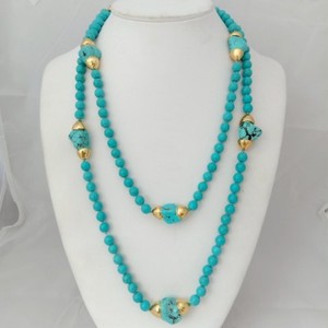 Authentic 52'' Blue Turquoise Yellow Gold Plated Freeform Turquoise Necklace