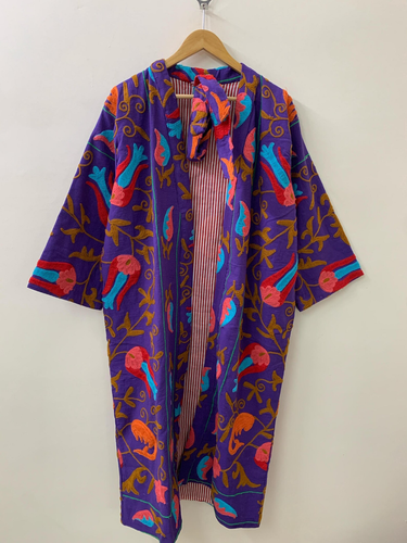 Ethnic Embroidered Cotton Long Floral Kimono | Gift For Her |Vintage Long Jacket - Picture 3 of 4