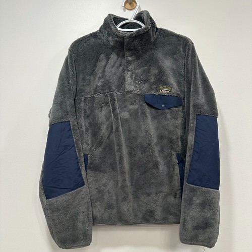 LL Bean Medium Gray Blue Sherpa Popover 1/2 Button Outerwear Fleece Fuzzy