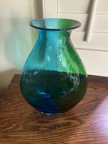 Vintage Murano Blenko Oggetti Sommerso Vase, Ombre Blue/Green Waved Glass