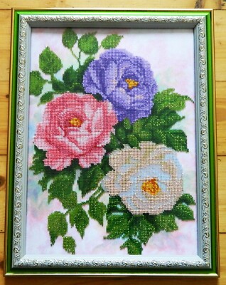 Handmade Beaded Embroidery Wall Art Bright Flowers Home Décor