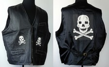 VTG Chief Apparel Black Leather Snap-Front Biker Vest w/ Skull Patches XXL