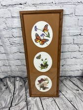 Finished Cross Stitch Embroidery Butterflies Floral Framed Vtg 90s 8.5 x 24  
