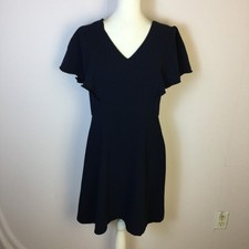 Loft Mini A-line Dress Sz 6 Woman Navy Blue Flutter Sleeve Fringe V-neck Stretch
