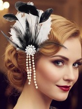 1920s Feather Hair Clips, Flapper Gatsby Fascinator, Pearl Accessory, Women