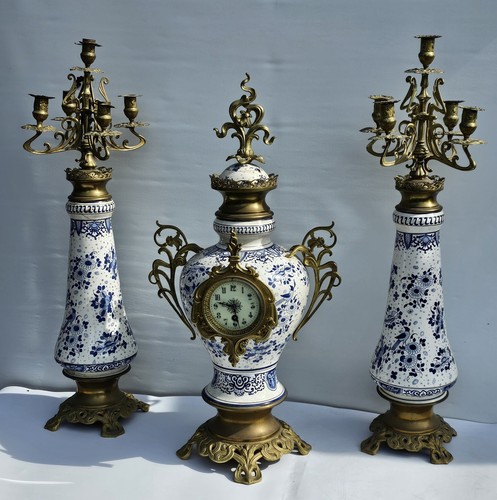 Delft Blue And White Clock Set Graniture Timepiece Movement Impressive Size 80cm - Picture 7 of 24