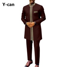 African Set for Men Dashiki Shirt Pant 2 Piece Set Gold Embroidery Tribal Attire