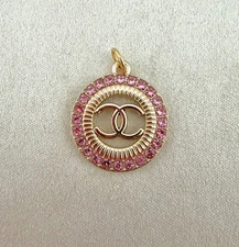 Gold Tone with Pink Rhinestones Round Zipper Pull Button Charm 23mm Stamped
