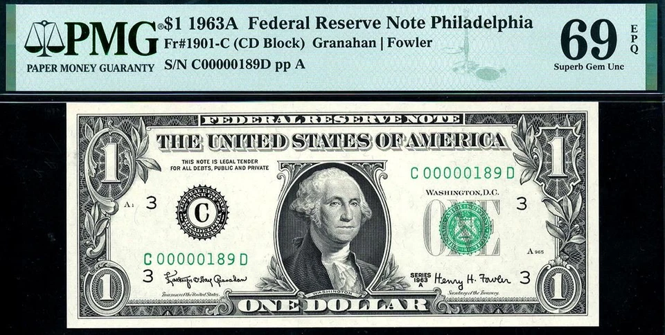 1963A $1 Philadelphia LOW Serial Number • 1901-C • PMG 69 EPQ • ((TOP POP 2/0)) - Image 2 of 3