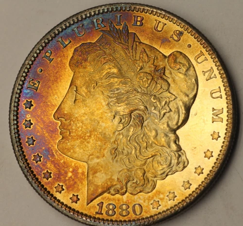 1880  S proof like   Morgan Silver Dollar UNC BU Toning Rainbow Choice Bu