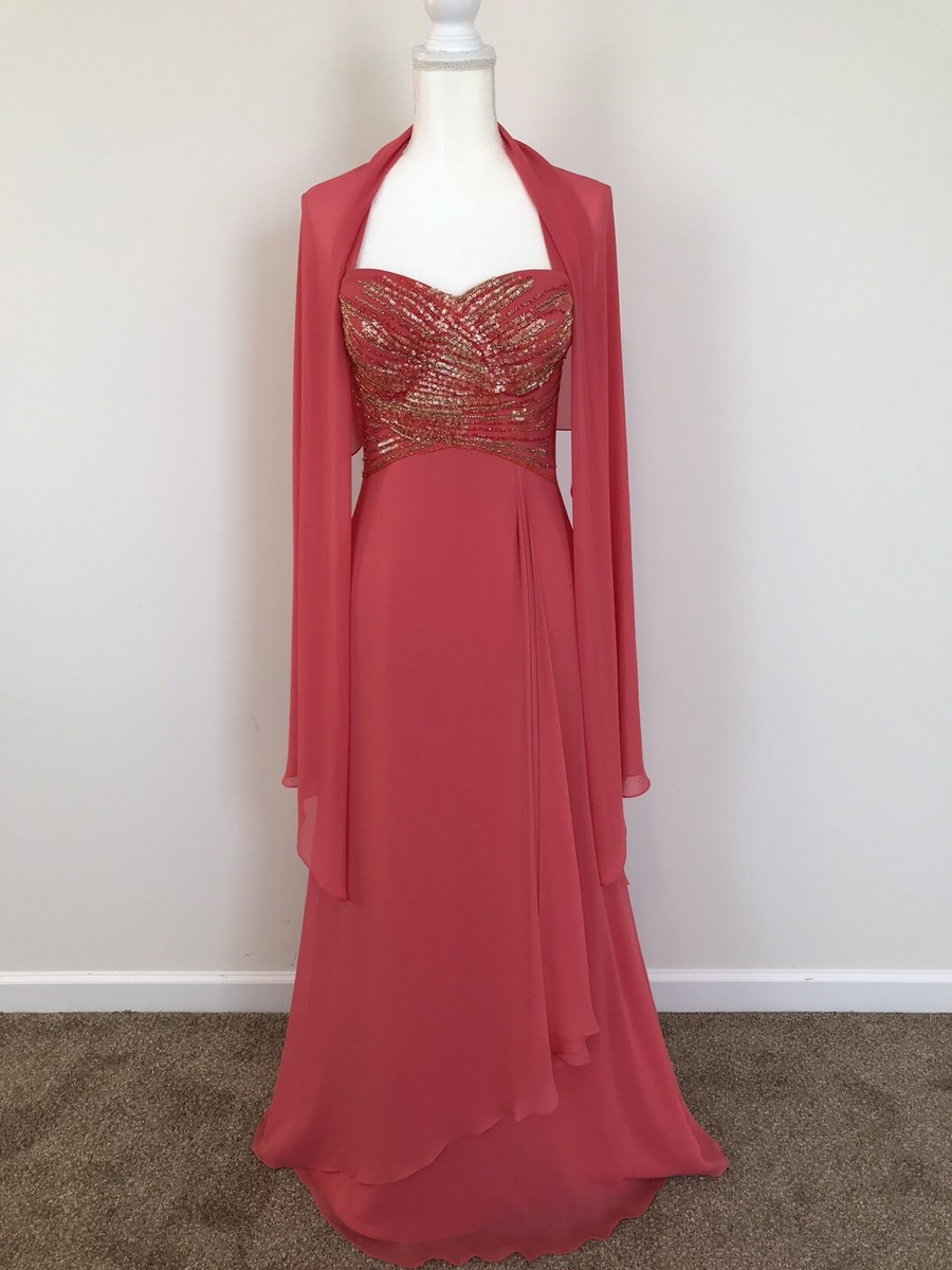 Daymor Couture Coral Silk Chiffon Strapless Beaded Gown and Shawl Size 4 |  eBay