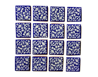 Floral Decorative Mosaic Wall Tiles 3 x 3 Inch Set of 16 Tiles Blue & White