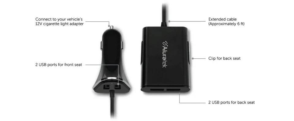 Carregador de carro USB Aluratek 4 portas OFICIAL com portas estendidas (5V / 9.6A / 48W) - Imagem 3 de 4