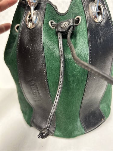 VINTAGE VALENTINA ITALY Green & BLACK LEATHER DRAWSTRING BUCKET BAG ~NICE~ - Picture 2 of 23