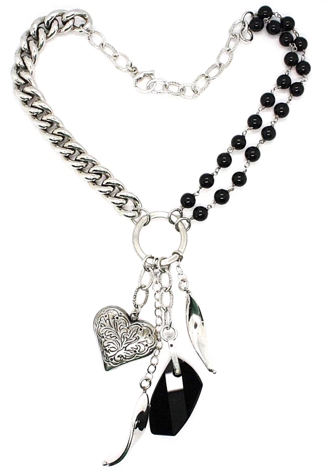 COLLANA ARGENTO 925 DOPPIA FILA ONICE CATENA GOURMETTE E CON CUORE LAVORATO - Immagine 2 di 4