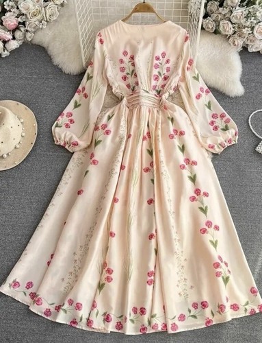 Spring Summer Elegant Floral Print Long Dresses Woman Sweet Bow Collar - Picture 4 of 5
