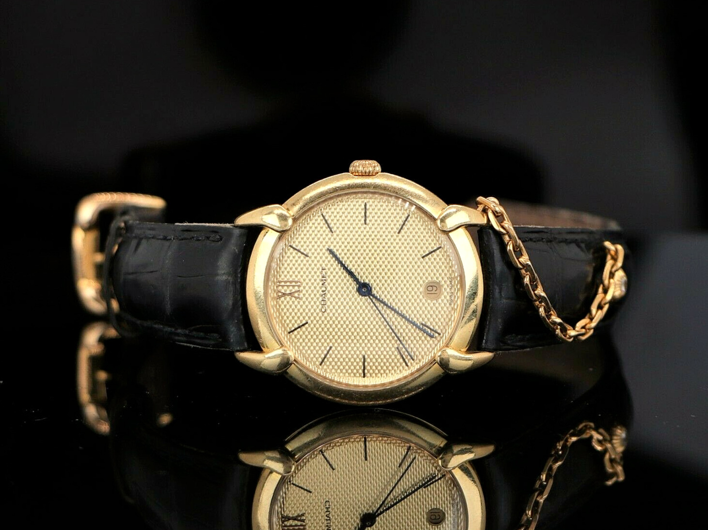 Unisex Chaumet Elysees Paris 18K Yellow Gold Quartz Diamond Leather Strap Watch