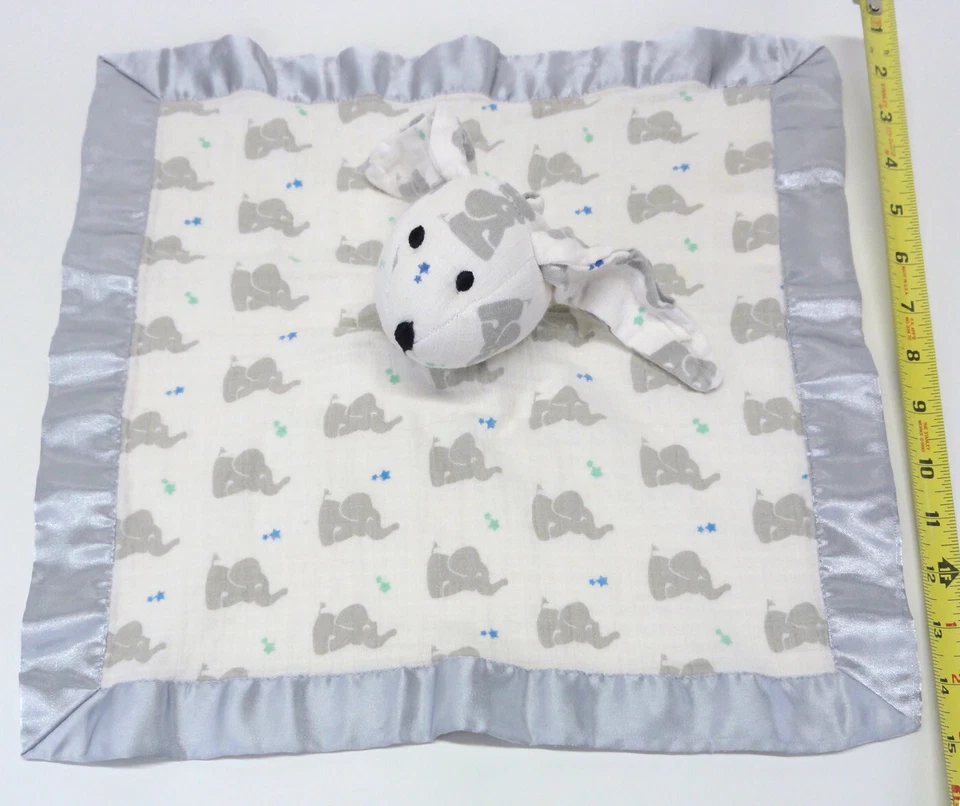Aden+Anais Lovey Bunny Rabbit Elephant Stars Gray Satin Muslin Security Blanket - Image 3 of 4