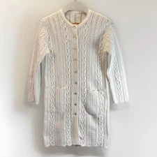True Vintage 60s Tunic Sweater S White Cream Cable Knit Cardigan Pockets Cottage