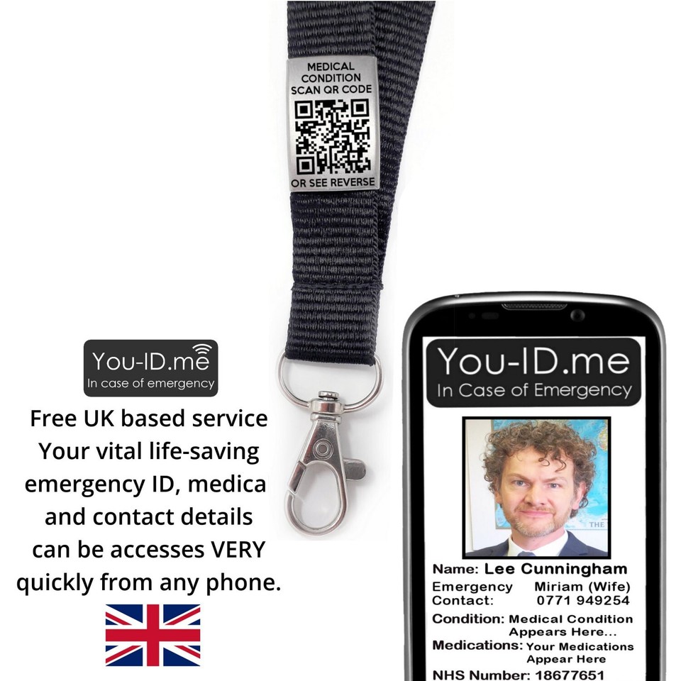 Picter Emergency Code Medical Alert Lanyard Emergency Aware Personalised QR Code Engraved ID ...