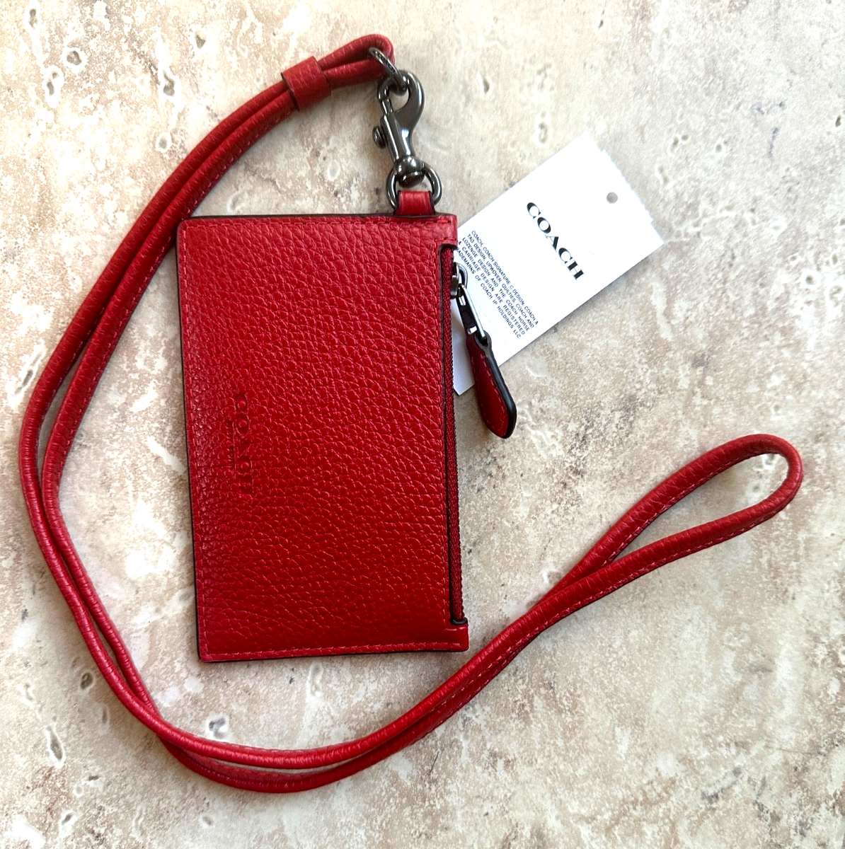 COACH ZIP LANYARD CARD CASE IN LEATHER:NWT POOL or BOLD RED CAJ45