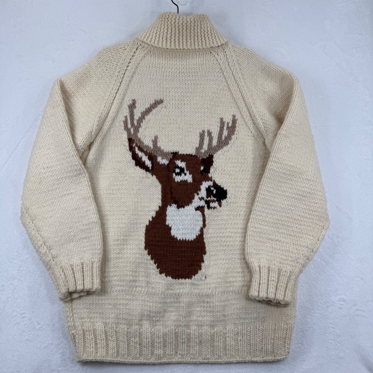 Vtg 60s Mary Maxim Hand Knit Zip Up Cardigan Sweater Deer Stag