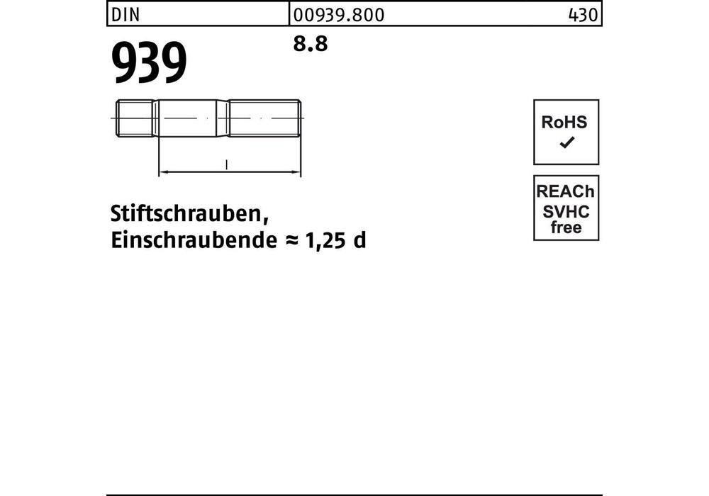 Рейхерный Штифтшраубе DIN 939 М 20 x 140 8,8 Einschraubende=1,25d