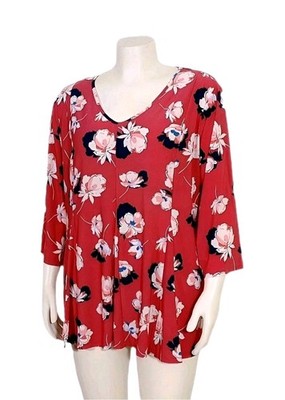 Roz & Ali Top Womens Plus Size 3X Red Pink Blue Floral V Neck Stretch Flowy