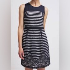 ANTONIO MELANI Navy White Lace Overlay Lined Stripes Dress