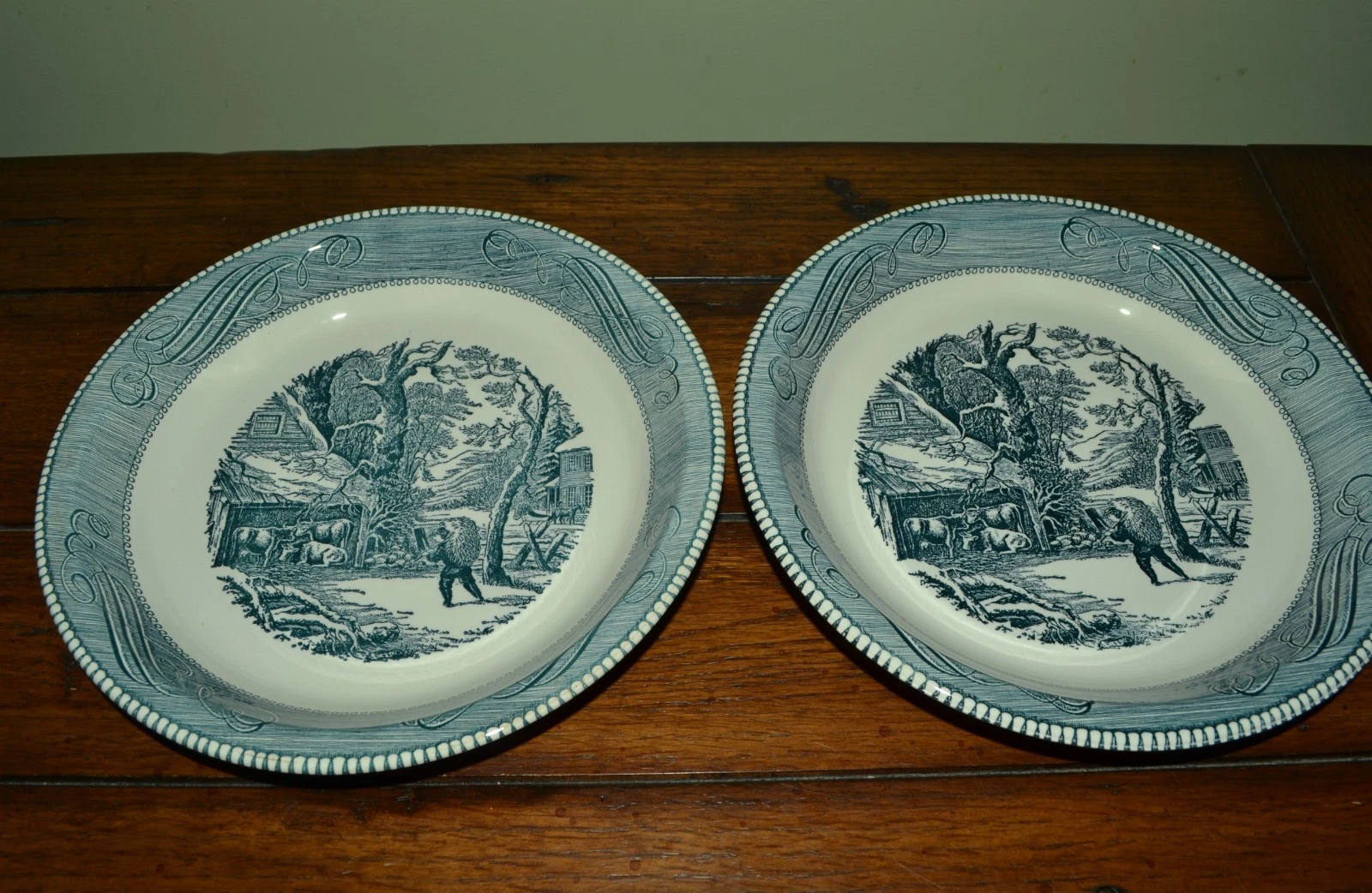 CURRIER & IVES VINTAGE PIE BAKING PLATE SET (2) BLUE ROYAL USA 10" HALF RIM