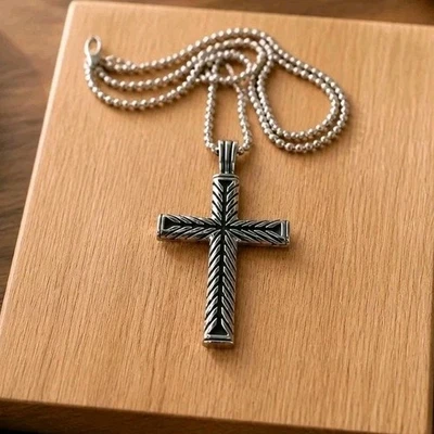 Collier Croix Homme Acier Inoxydable Argenté Pendentif Gothique Viking Chaîne - Photo 1/4