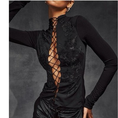 NEW House Of CB Lori Black Crystallized Lace Up Top S Sexy Rhinestone Crystal