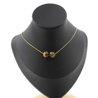 Steine Und MinéRaux. Halskette 2 Perlen Tigerauge 10 Mm. Kette Stahl Golden