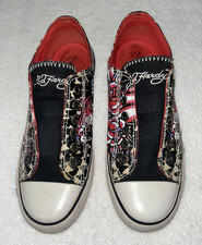 Ed Hardy Y2K Black W/ Red Rose Animal Logo Tattoo Printed Canvas Sneakers Size 8