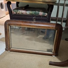 Antique Victorian Curved Inlaid Over Mantel /Hall Mirror Frosting, Ceramic Feet