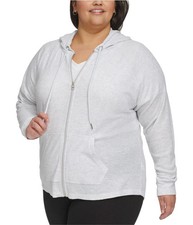Calvin Klein Womens Ruched-Sleeve Hoodie Sweatshirt, lightgray, Plus Size, 3X