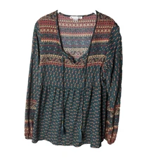 Lascana Venus Blouse Size Medium Top Long Sleeves Tassel Ties Teal Red Tan Boho