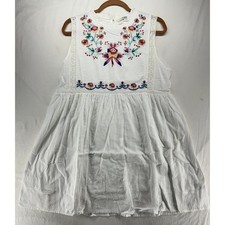 Umgee White Swiss Dot Floral Embroidered Babydoll Mini Dress Womens Medium Boho