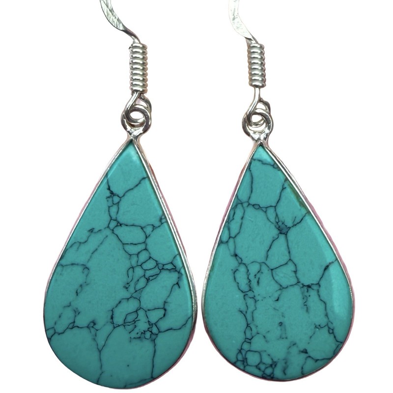 Handmade Natural Turquoise Teardrop Dangle Earrings 1.68” 925 Silver Hooks
