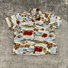 RJC Hawaiian Shirt Mens XXL Blue Hibiscus Beach Scene Print Made In USA Aloha