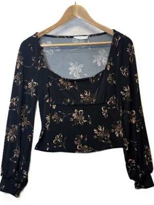 Lush Floral Crop Top Long Sleeve Square Neck Boho Black Brown Top S