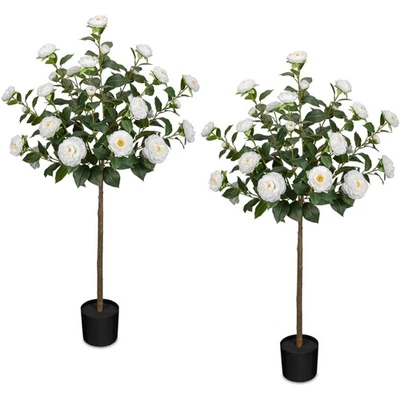 2er Kunstkamelie Baum Set 120cm Kunstpflanzen Indoor Deko Weiß - Bild 1 von 4