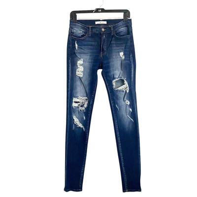 Kancan Denim Jeans Womens Jrs 7 27 Distressed Mid Rise Skinny Slim Stretch Dark