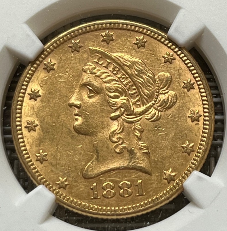1881 $10 Liberty Head gold eagle, NGC AU-58