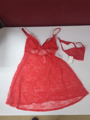 Women's Lace Triangle Lingerie Babydoll with Thong - Auden Red L