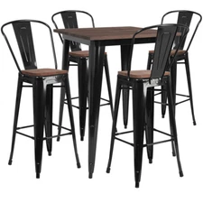 31.5" Black Metal Bar Height Restaurant Table Set Walnut Wood Top and 4 Barstool